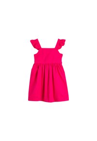 Heldere roze jurk met gerimpelde schouderbanden, aansluitend lijfje en uitlopende rok. Gemaakt van gladde stof zonder patronen of beslag.
