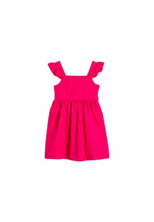 Heldere roze jurk met gerimpelde schouderbanden, aansluitend lijfje en uitlopende rok. Gemaakt van gladde stof zonder patronen of beslag.