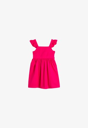 Robe rose vif avec des bretelles froncées, corsage ajusté et jupe évasée. Fabriquée en tissu lisse sans motifs ni éléments métalliques.