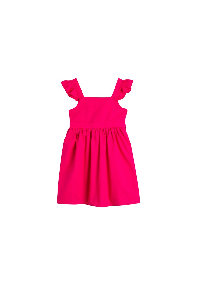Heldere roze jurk met gerimpelde schouderbanden, aansluitend lijfje en uitlopende rok. Gemaakt van gladde stof zonder patronen of beslag.