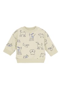 Beige Baby-Sweatshirt mit langen Ärmeln, versehen mit verspielten Illustrationen von blauen und schwarzen Hunden sowie gerippten Bündchen, Kragen und Saum.
