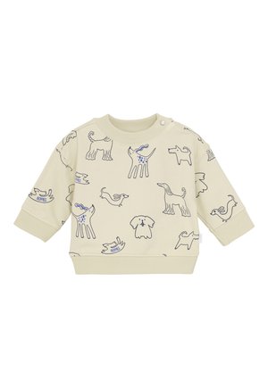 Beige Baby-Sweatshirt mit langen Ärmeln, versehen mit verspielten Illustrationen von blauen und schwarzen Hunden sowie gerippten Bündchen, Kragen und Saum.