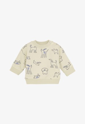 Beige lange mouw baby sweatshirt met speelse blauwe en zwarte hondenillustraties en geribbelde mouwen, kraag en zoom.