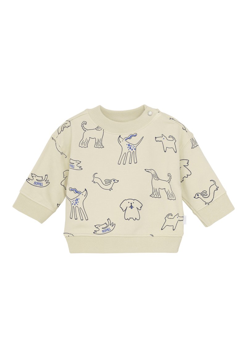 Beige Baby-Sweatshirt mit langen Ärmeln, versehen mit verspielten Illustrationen von blauen und schwarzen Hunden sowie gerippten Bündchen, Kragen und Saum.