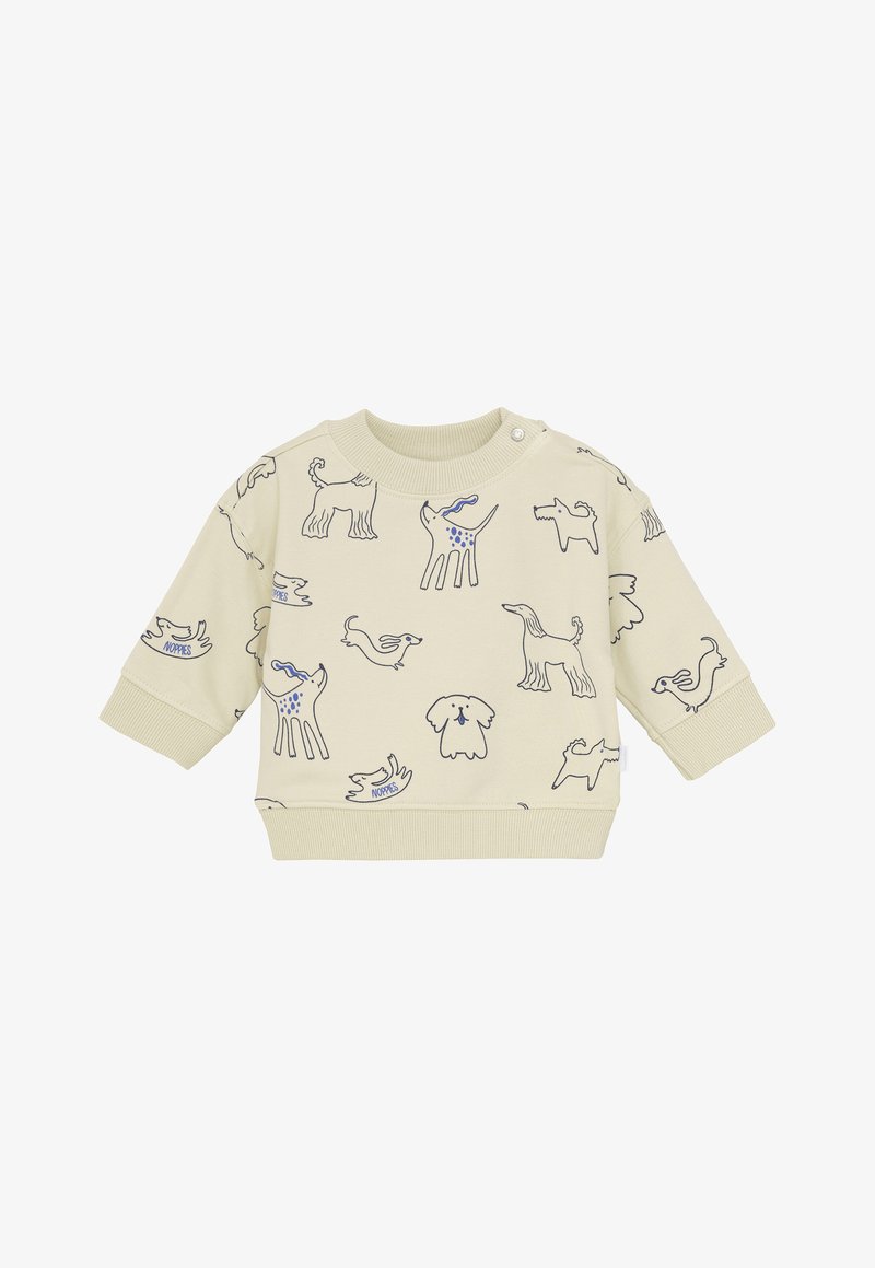 Beige Baby-Sweatshirt mit langen Ärmeln, versehen mit verspielten Illustrationen von blauen und schwarzen Hunden sowie gerippten Bündchen, Kragen und Saum.