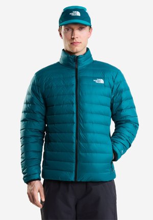 Mann trägt eine türkisfarbene gesteppte Jacke und passende Kappe mit The North Face Logo, steht mit einer Hand in der Tasche vor weißem Hintergrund.