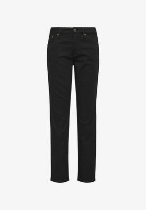 Schwarze Jeanshose mit geradem Bein, Gürtelschlaufen und Fronttaschen. Verfügt über einen metallischen Knopf und Nieten, samtige Textur.