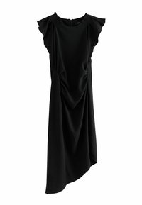 Robe noire avec un devant drapé, des manches courtes froncées et un éclat subtil. Longueur genou avec un ourlet asymétrique et fermeture éclair au dos.