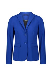 Modrá blazer s strukturovaným designem, dvěma předními knoflíky, dvěma bočními kapsami a klopovým límcem. Vyrobena z hladkého materiálu se přizpůsobeným střihem.