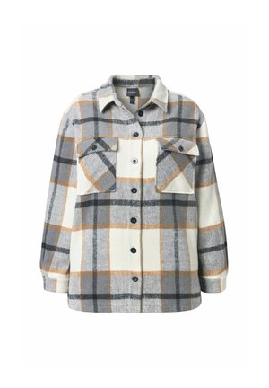 Giacca camicia a maniche lunghe con bottoni in tessuto a quadri grigia, bianca, nera e marrone con motivo a scacchi e due tasche a ribalta sul petto.