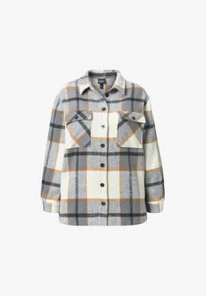 Lange mouwen knoop-overhemd jacket in een ruitenpatroon met grijs, wit, zwart en bruin, voorzien van twee voorzakken met flappen.