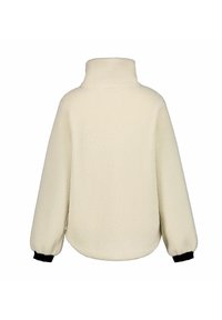 Cremfarbener Fleece-Pullover mit hohem Kragen, elastischen schwarzen Bündchen und einer weichen Textur. Die Rückansicht zeigt einen lockeren Schnitt.
