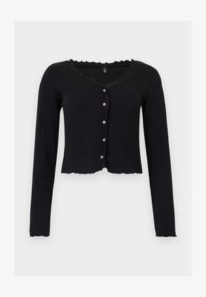 Cardigan court noir à manches longues avec petits boutons blancs, bords froncés au niveau de l'encolure, de l'avant, de l'ourlet et des poignets.