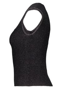 Débardeur noir à côtes avec une coupe ajustée, présentant un col rond et sans manches. Un léger scintillement à travers le tissu ajoute de la texture.