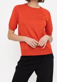 Pomarańczowy sweter dzianinowy z krótkim rękawem, o ribbowanym okrągłym dekolcie i wykończeniu, z subtelnymi detalami na raglanowych rękawach. W połączeniu z czarnymi spodniami.