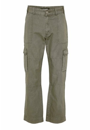 Alyvuogių žali cargo kelnės su priekinėmis ir šoninėmis kišenėmis su skląsčiais, tiesiomis plačiomis kojomis ir sagos užsegimu ties juosmeniu.