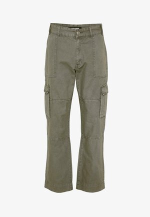 Alyvuogių žali cargo kelnės su priekinėmis ir šoninėmis kišenėmis su skląsčiais, tiesiomis plačiomis kojomis ir sagos užsegimu ties juosmeniu.