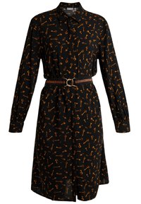 Czarna sukienka z pomarańczowym wzorem w klucze, z kołnierzykiem, długimi rękawami, z dodatkowym paskiem w metalicznym kolorze w talii oraz luźnym krojem.