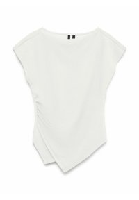 Haut blanc à manches courtes avec une coupe légèrement oversize, un col arrondi, un froncé latéral et un ourlet asymétrique. Texture du tissu douce.