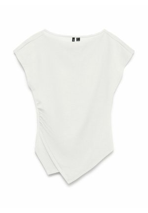 Haut blanc à manches courtes avec une coupe légèrement oversize, un col arrondi, un froncé latéral et un ourlet asymétrique. Texture du tissu douce.
