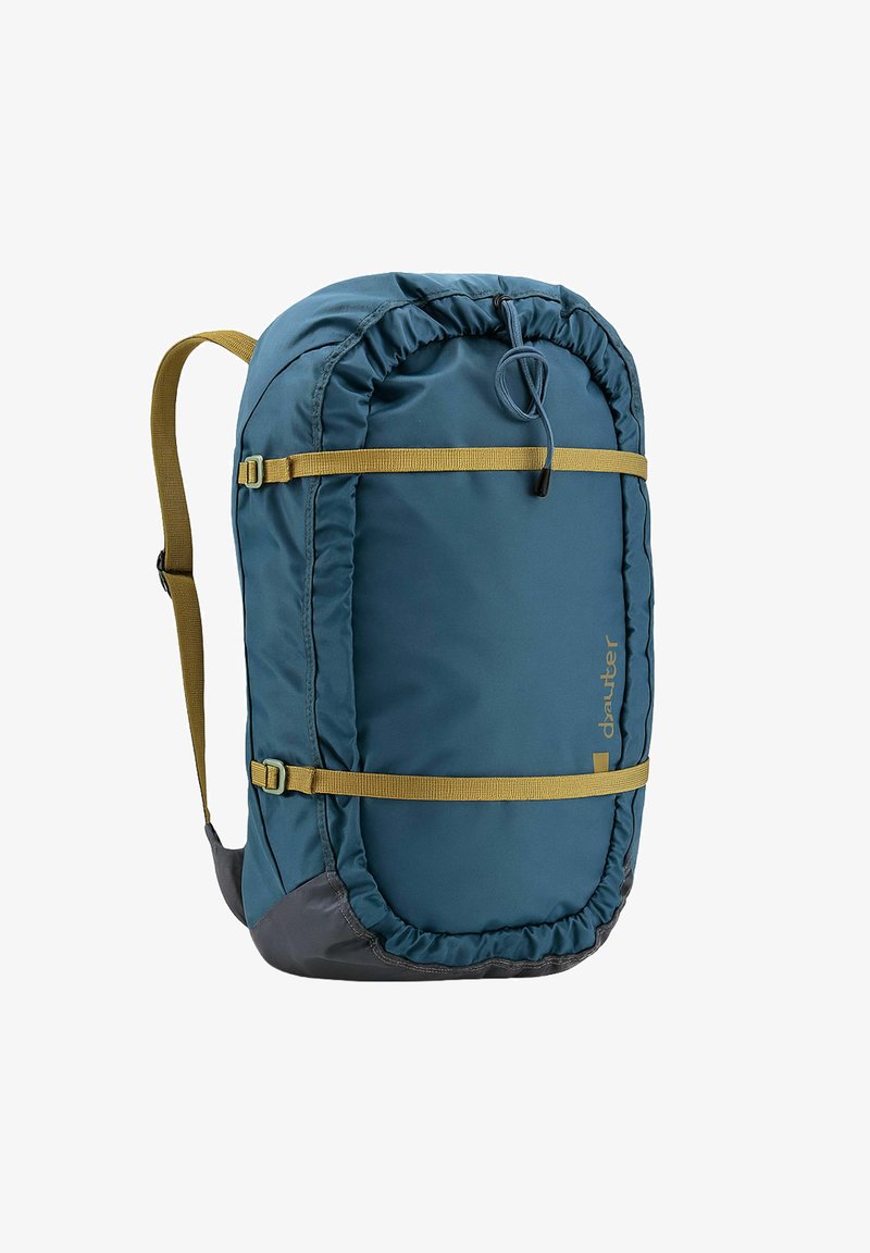 Blauer und grauer Wanderrucksack mit verstellbaren senfgelben Gurten und Kordelzugverschluss, Seiten- und Vorderansicht.