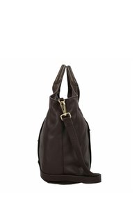 Borsa in pelle marrone dalla forma strutturata, con doppi manici superiori, tracolla regolabile e dettaglio con chiusura in metallo dorato.