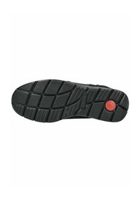Zwarte rubberen schoenzool met een getextureerd grippatroon en een rode cirkelvormige accent. Bevat een uitgesproken profiel voor grip en duurzaamheid.