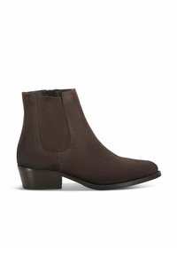 Stivaletto in suede marrone scuro con tacco basso a blocco, pannello laterale elastico e punta rotonda.