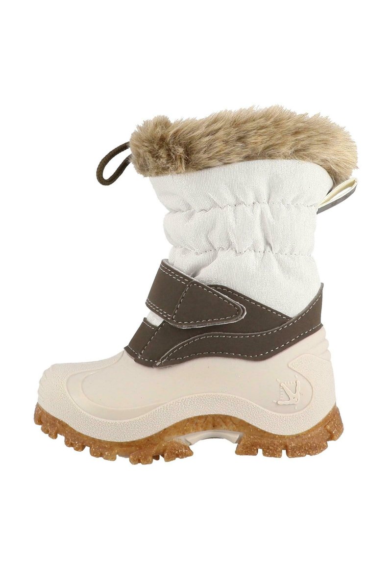 Isolierter Schneestiefel mit einem weißen Stoffschaft, braunen synthetischen Akzenten, flauschigem Kragen und strukturierter Gummisohle für Grip und Haltbarkeit.