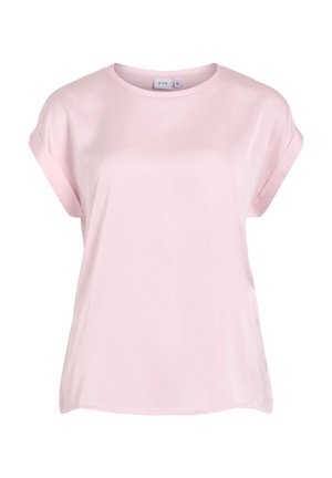 Hele roosa lühikeste varrukatega pluus voltisäärte ning ümmarguse kaelusega, lõdva lõikega, valgel taustal.