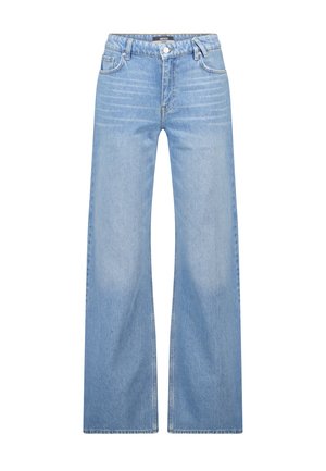 Jeans de mezclilla azul claro de pierna ancha con cintura alta, que cuentan con cinco bolsillos, cierre de botón frontal y un desvanecimiento mínimo en la tela.