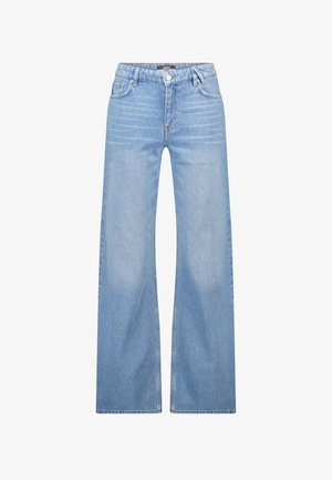 Lichtblauwe denim wijde pijpen jeans met een hoge taille, voorzien van vijf zakken, een knoopsluiting aan de voorkant en minimale vervaging op de stof.