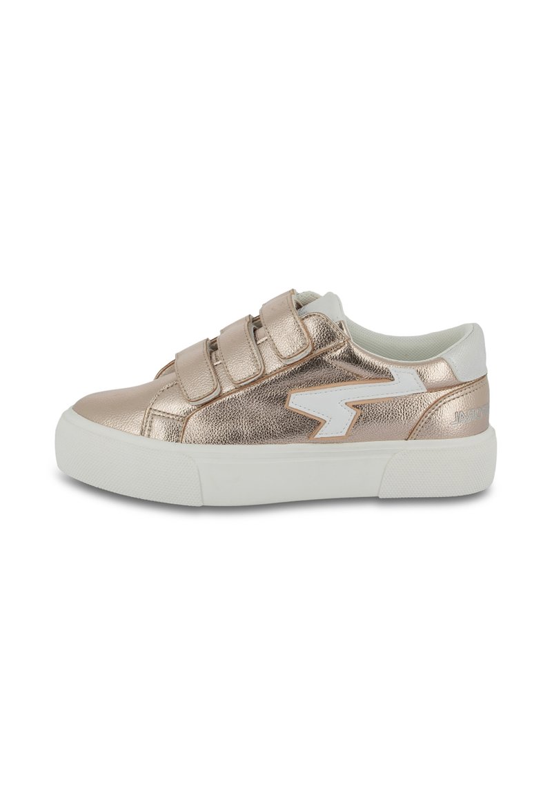 Metallic rose gold sneakers with white accents, featuring three Velcro straps, a textured upper, and a white rubber sole.