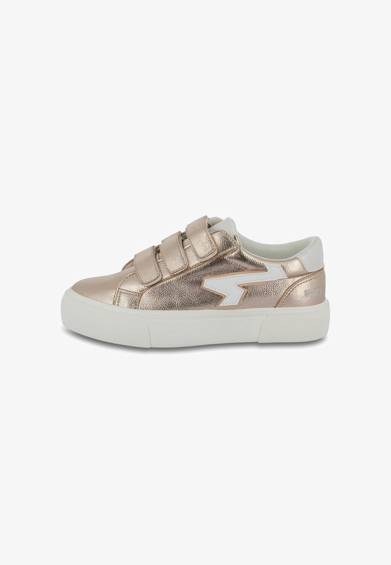 Metallic rose gold sneakers with white accents, featuring three Velcro straps, a textured upper, and a white rubber sole.