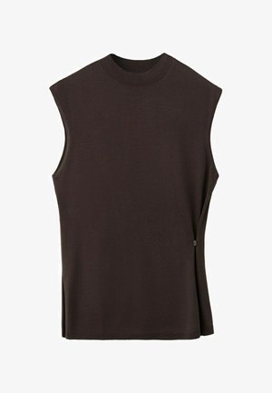 Top fără mâneci, tricotat, maro închis, cu guler rotund înalt și un mic detaliu cu nasture pe șlițul de pe partea dreaptă.