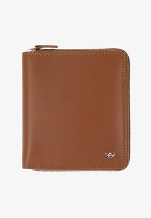 Brown leather zip-around wallet with visible stitching and a small silver logo on the bottom right corner against a white background.