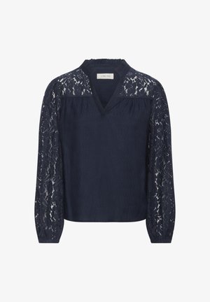 Navy blouse with long lace sleeves, V-neckline, and textured fabric, featuring floral lace patterns along the shoulders and sleeves.