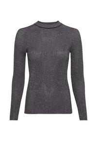 Sweter z długim rękawem, prążkowany, w ciemnoszarym kolorze z subtelnym srebrnym połyskiem i kołnierzem typu mock neck na białym tle.