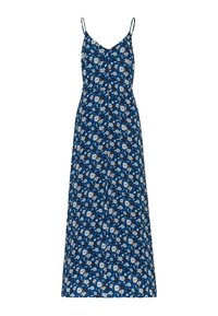 Robe maxi bleue à fleurs avec des bretelles fines et réglables, décolleté en V, taille cintrée et jupe fluide ornée d'un imprimé botanique blanc.