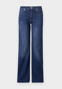 Mørkeblå vide jeans laget av denim, med knappestenging, fem lommer og minimale sømdetaljer. Jevnt teksturert gjennom hele.