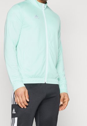 Mężczyzna w jasnoniebieskiej kurtce z zamkiem Adidas i czarnych spodniach dresowych Adidas z białymi paskami, stojący na jednolitym białym tle.