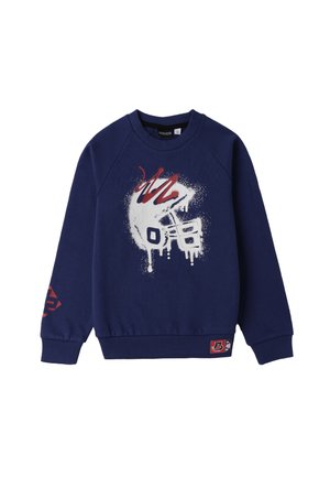 Felpa blu navy con maniche raglan, caratterizzata da una grafica spray bianca e rossa e un'etichetta con logo rossa sull'orlo. Tessuto morbido e testurizzato.