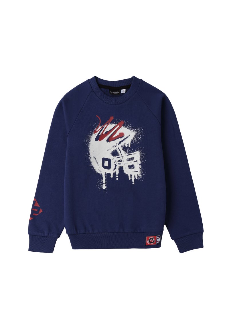 Felpa blu navy con maniche raglan, caratterizzata da una grafica spray bianca e rossa e un'etichetta con logo rossa sull'orlo. Tessuto morbido e testurizzato.
