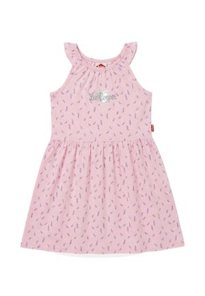 Robe rose sans manches pour tout-petit, à petit motif de feuilles violettes, bretelles à volants et logo "Lee Cooper" argenté sur la poitrine.