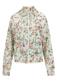 Bloemenprint ritsjack met een lichtgroene basis, multicolor bloemen, hoge kraag, elastische manchetten en een merklogo op de borst.