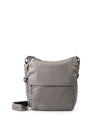 Borsa a tracolla grigia con tracolla regolabile, tasca frontale con zip e tessuto liscio su sfondo bianco.