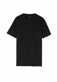 Schwarzes T-Shirt mit kurzen Ärmeln aus Baumwolle. Verfügt über einen klassischen Rundhalsausschnitt und ein einfaches, ungeschmücktes Design.
