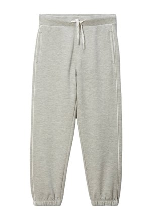 Pantalons de sweat gris avec une taille élastique, un cordon de serrage, des poches latérales, des poignets côtelés et des bandes blanches sur les côtés. Tissu en coton doux et lisse.