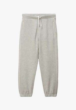 Pantalons de sweat gris avec une taille élastique, un cordon de serrage, des poches latérales, des poignets côtelés et des bandes blanches sur les côtés. Tissu en coton doux et lisse.