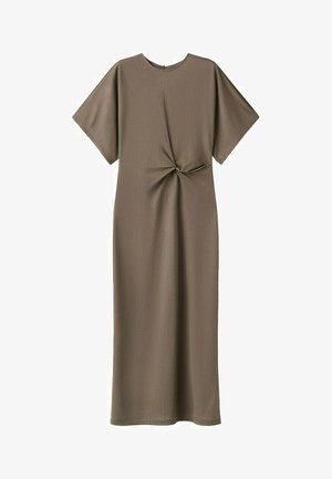 Robe taupe mi-longue avec manches courtes et détail torsadé froncé à la taille.